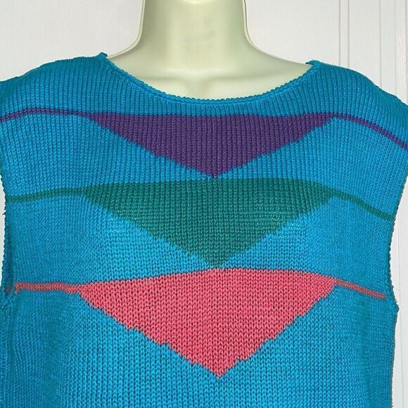 Vtg 80s Alpenblick turquoise blue cotton sleeveless sweater/ triangles on front - Picture 2 of 8